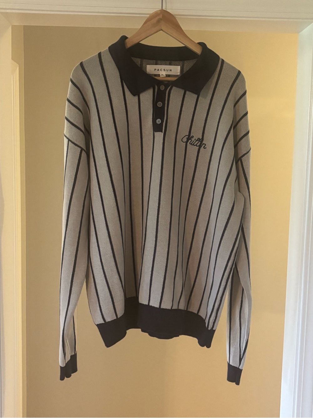 PacSun Gray and Black Vertical Stripe Polo Sweater